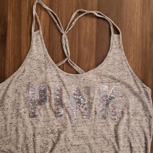 Vs pink L racerback tank grey sequins